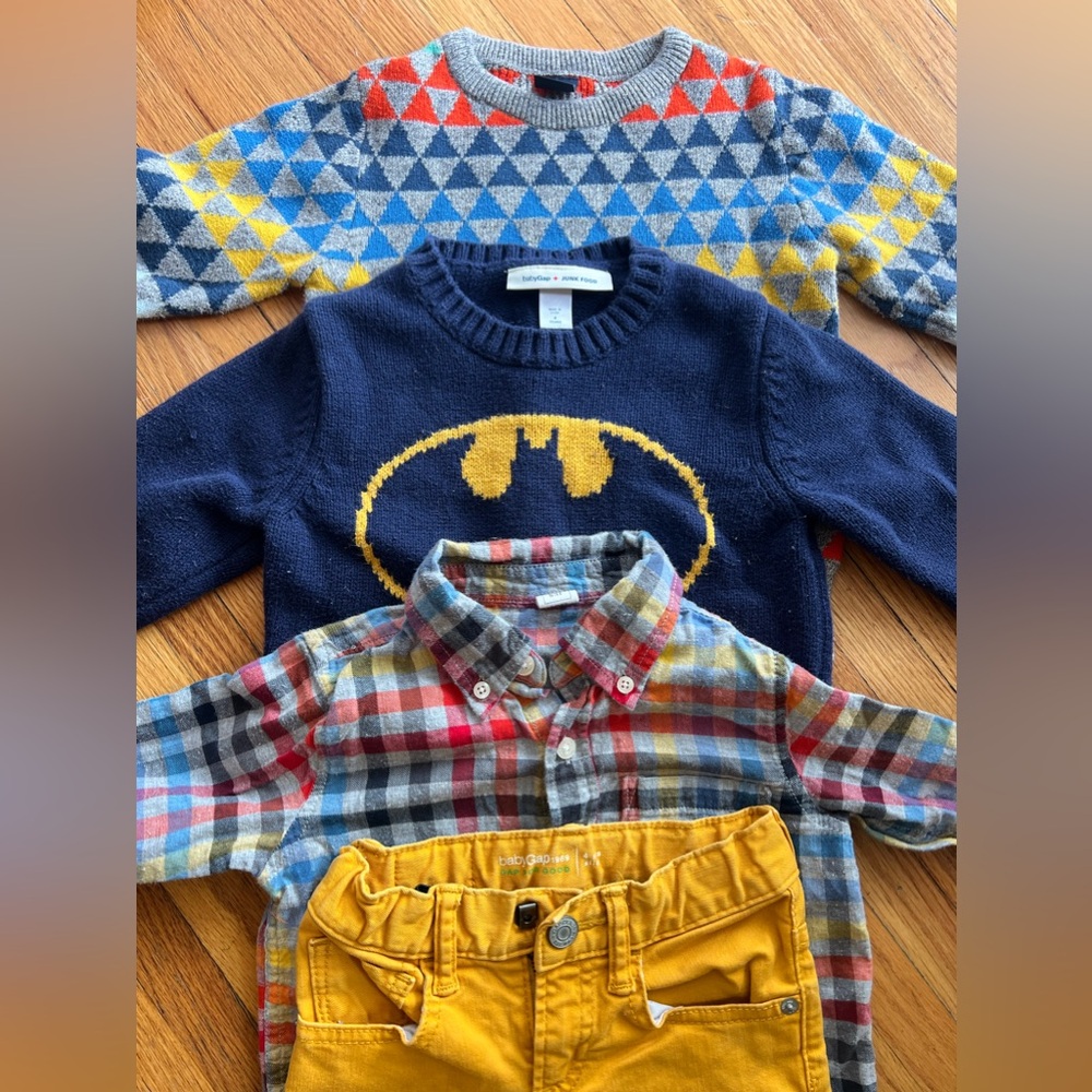 Baby Gap 4T bundle - two sweaters, one button up, yellow skinnies